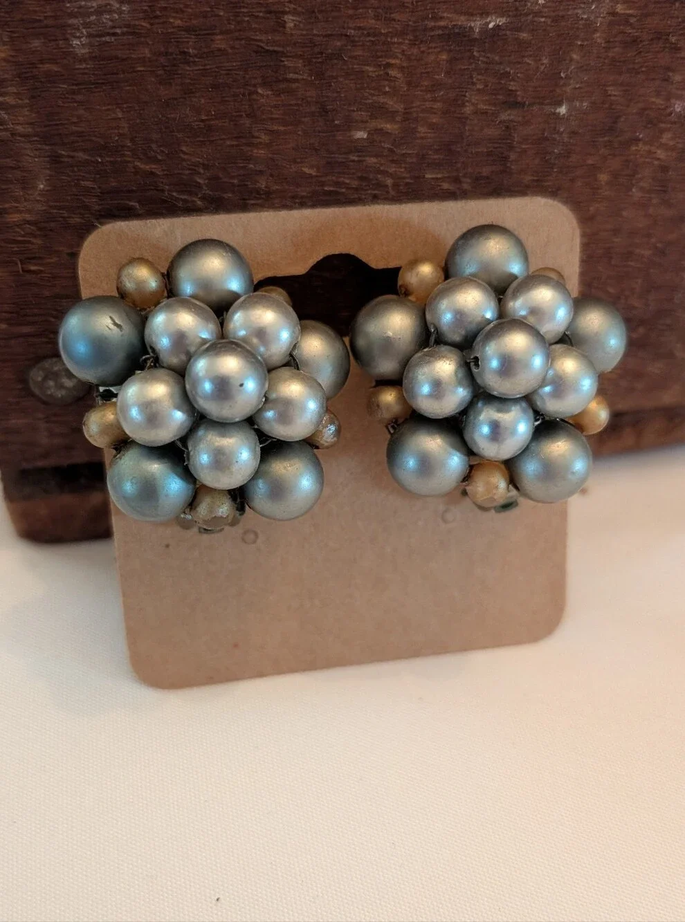 Pearl Cluster Button Clip On Earrings - Gray